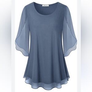 SeSe Code Women's Blue Scoop Neck Short Flutter Sleeve Tunic Top Size L Spring